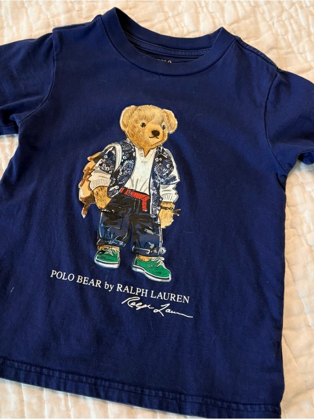 Ralph Lauren Navy Polo Bear Graphic Tee with Multicolor Bear Art